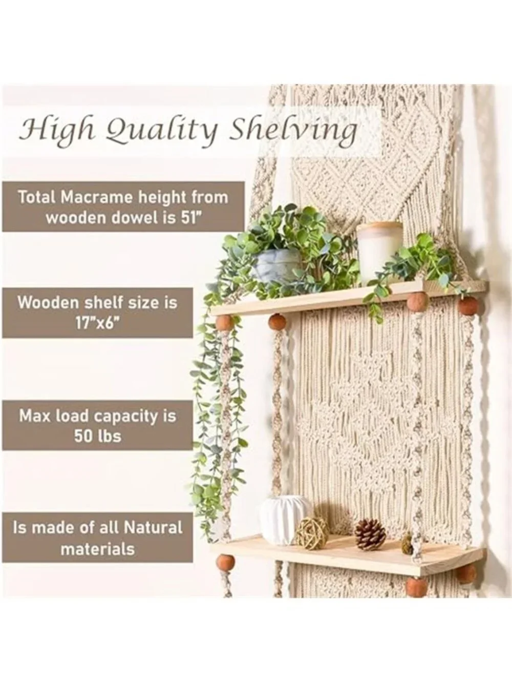 Macrame Wall Hanging Shelf 3 Tier Boho Wall Plant Hanger Shelves, Handmade